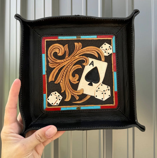 Ace Cards Turquoise Red Tooled Genuine Leather Tray