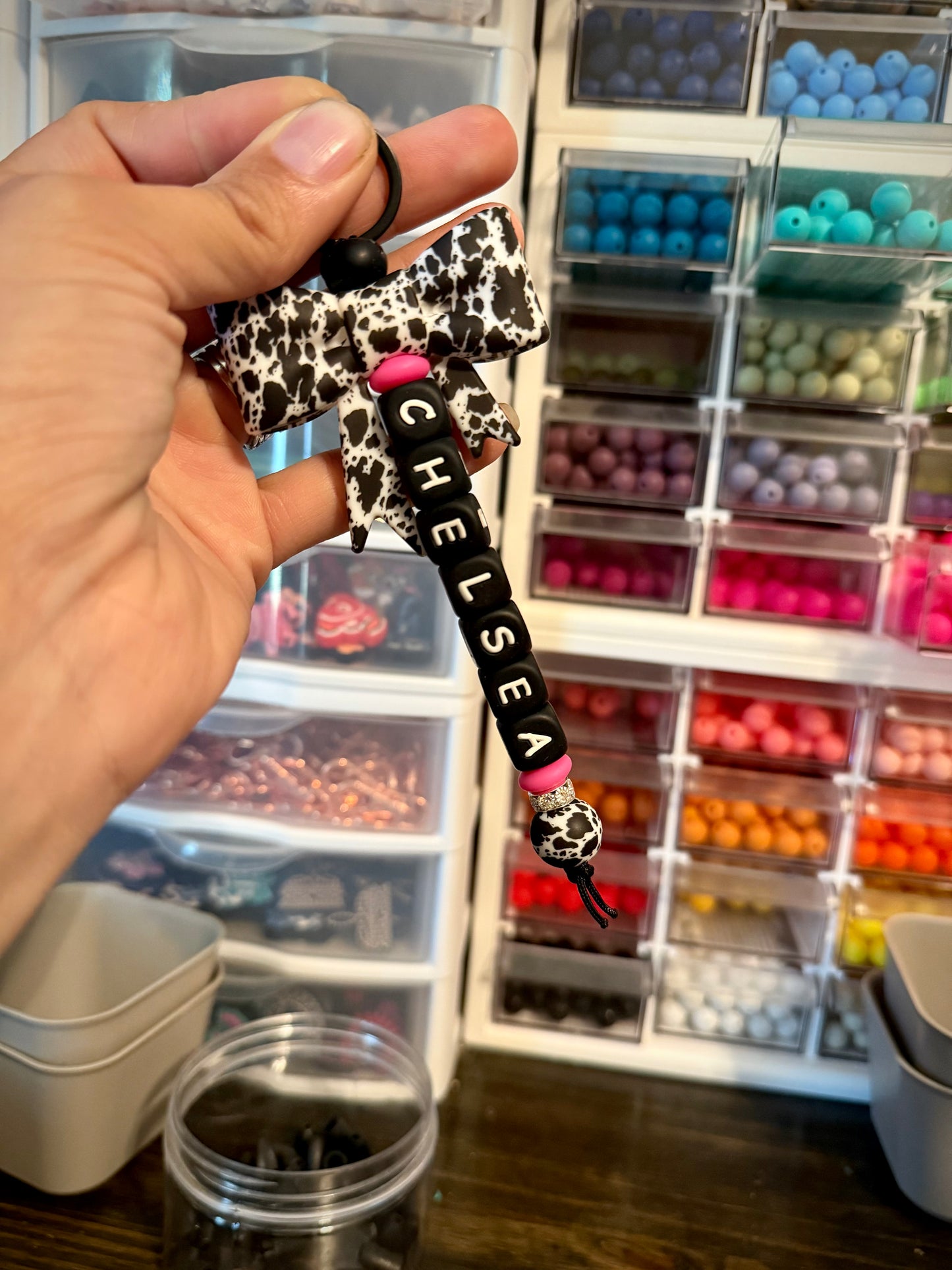 Custom Name Black Cowhide Bow with Pink Keychain