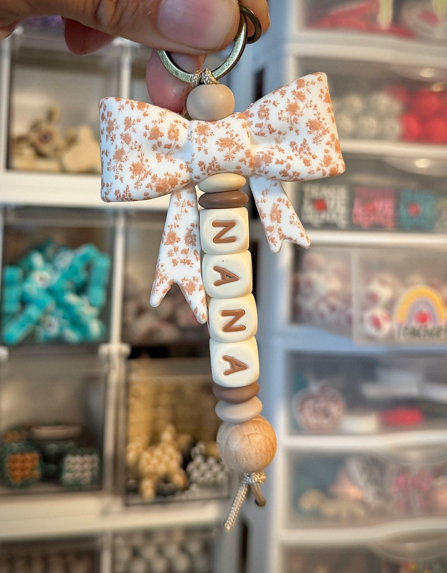 Brown Dainty Floral Bow Nana Keychain