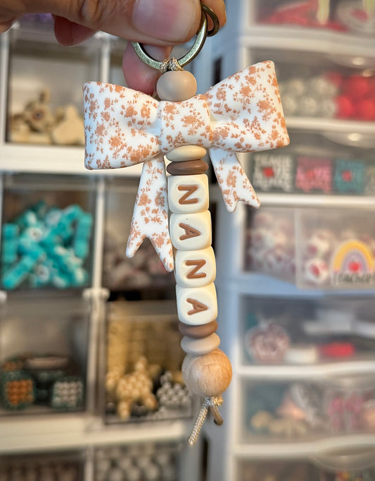 Brown Dainty Floral Bow Nana Keychain