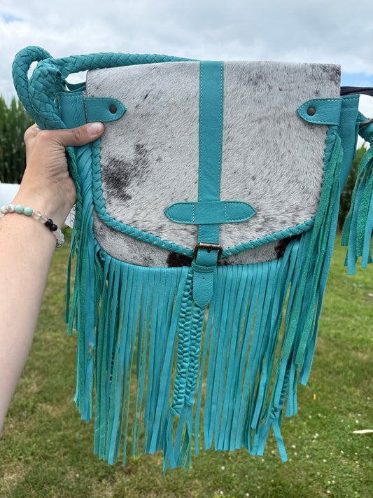 Genuine Cowhide Leather Turquoise Crossbody Purse