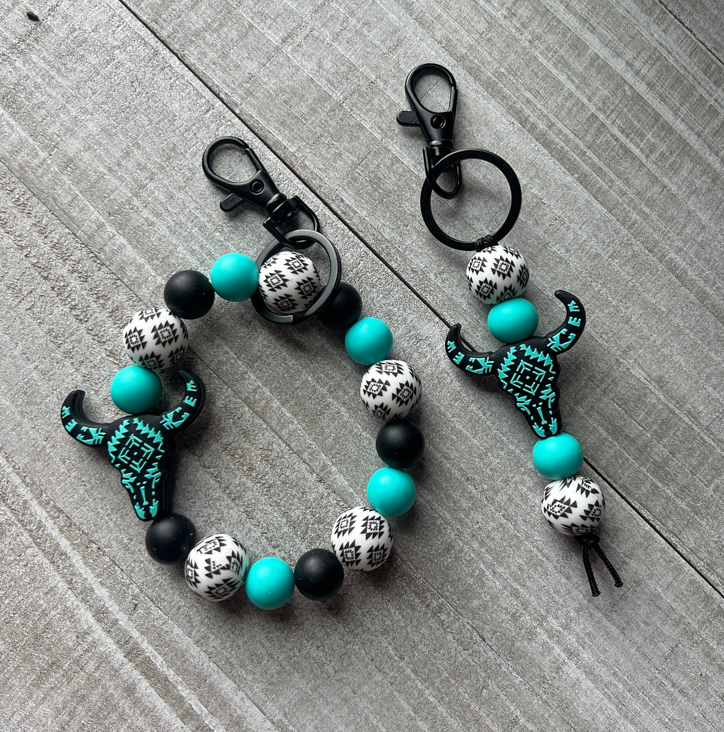 Turquoise Aztec Cow Skull Keychain Set