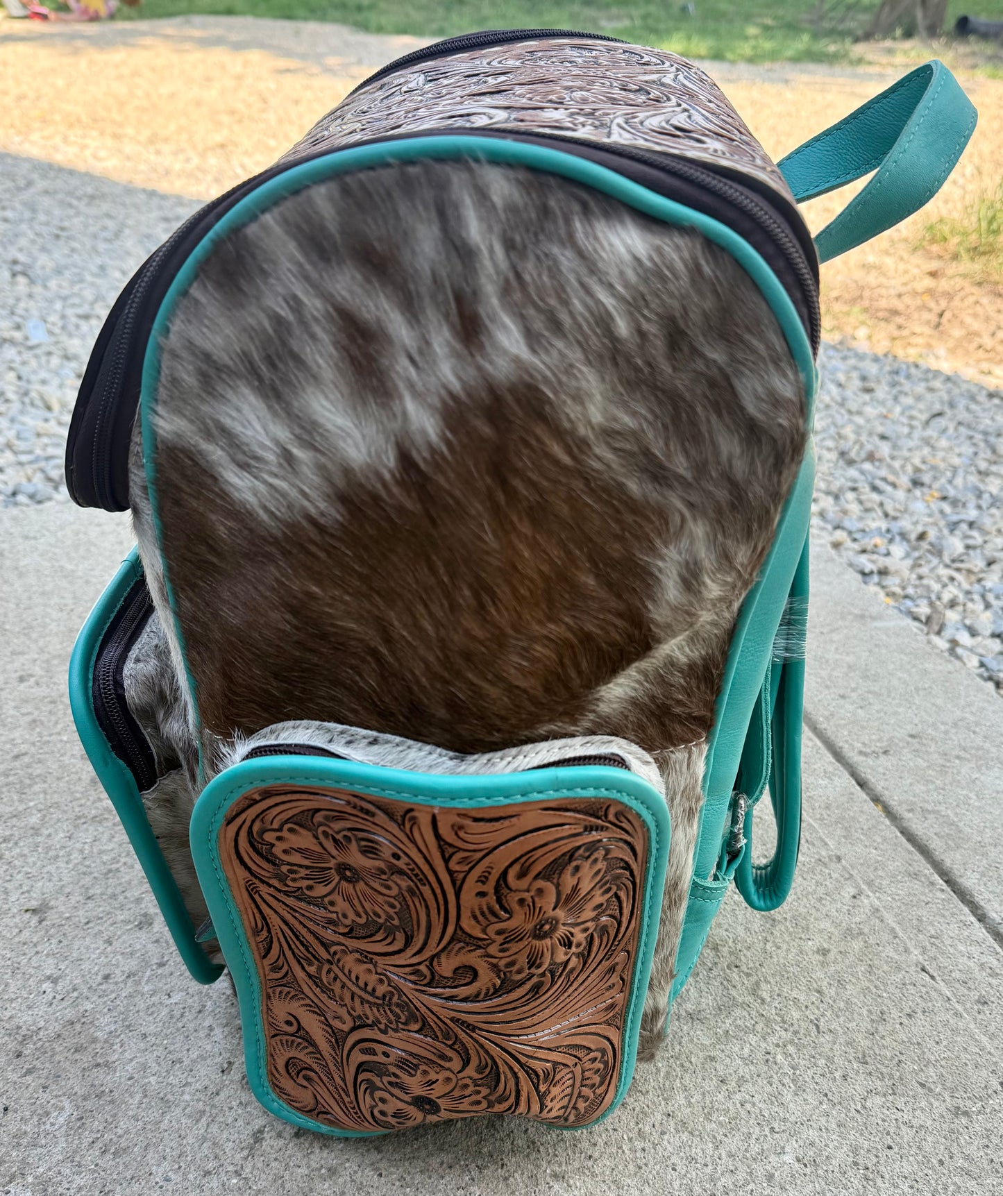 Tooled Leather Turquoise Speckled Brown Cowhide Backpack / Diaper Bag