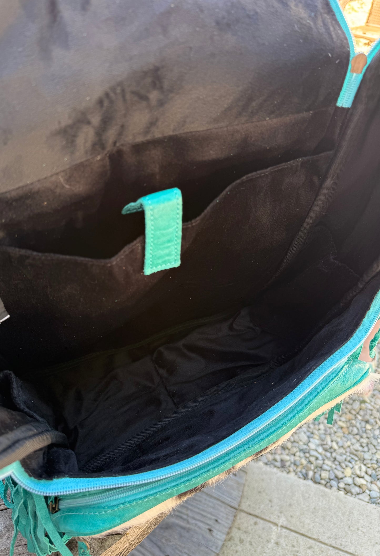 Turquoise Leather Fringe Cowhide Backpack / Diaper Bag