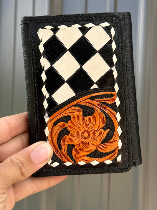 Checkered Genuine Leather with Cowhide Tri Fold Women’s or Men’s Wallet