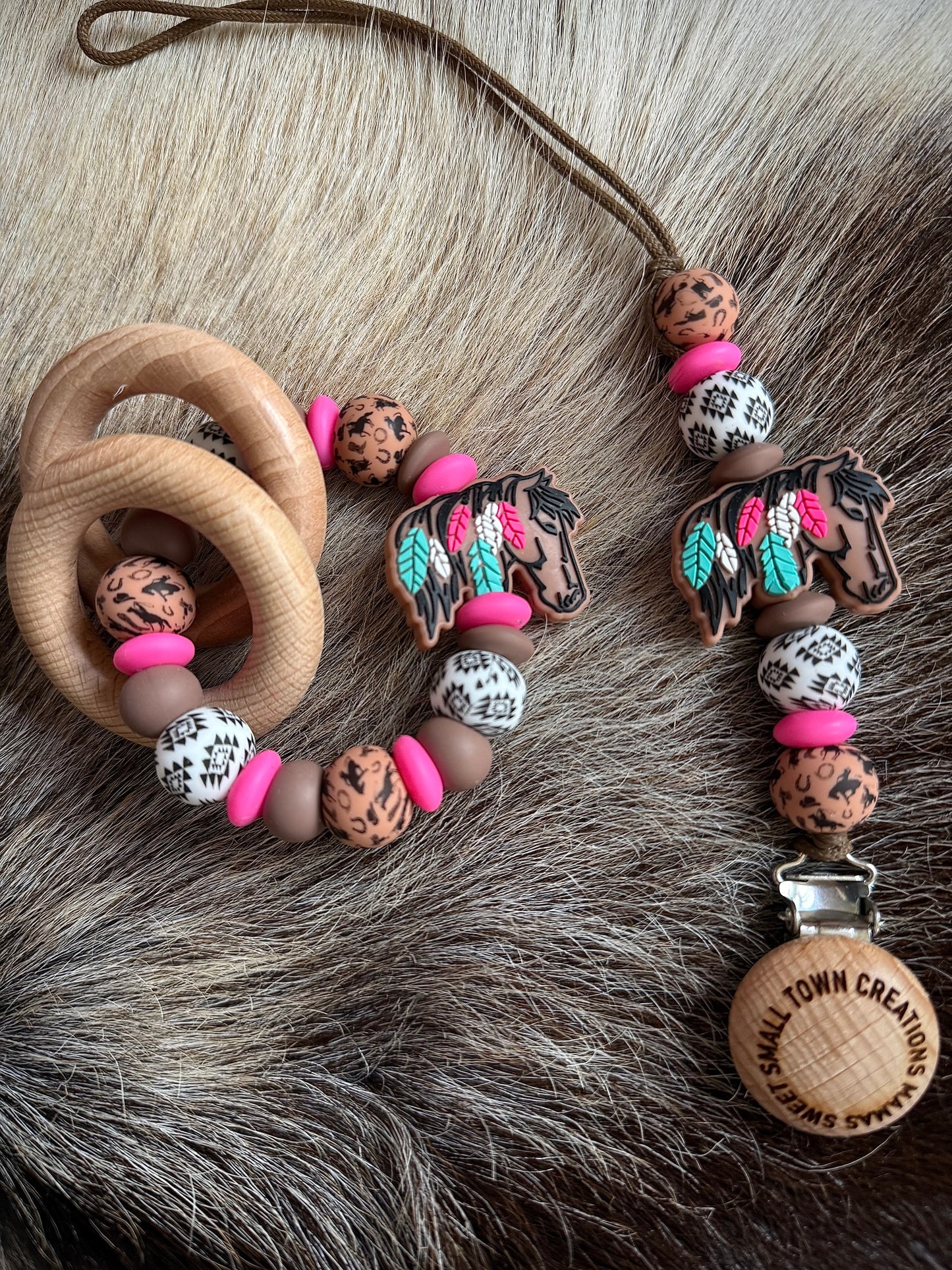 Feathered Horse White Aztec Pink Brown Teether Set