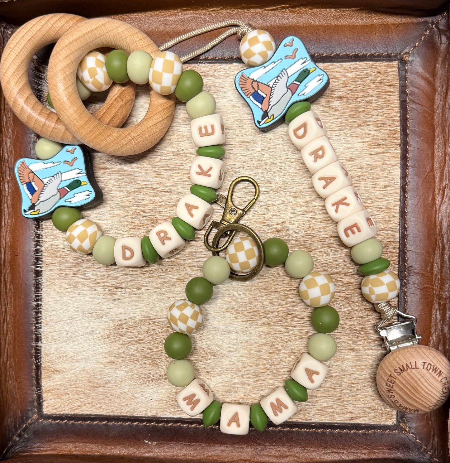 Tan Check Green Mallard Teether Set with Custom Name