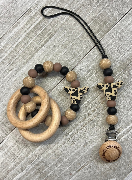 Beige/Black Cowhide Cow Teether Set