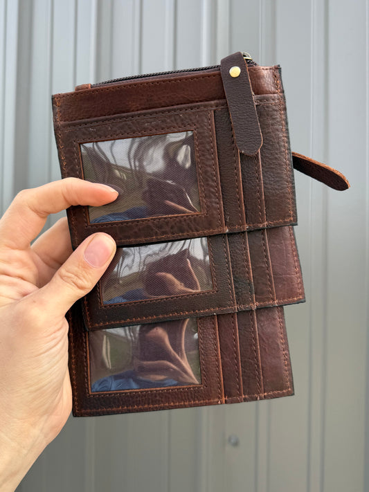 Rectangle Tooled Leather Cowhide Zipper Pouch with Card Slots