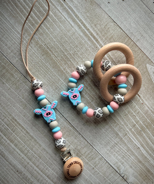Baby Blue/ Pink Aztec Cow Teether Bundle