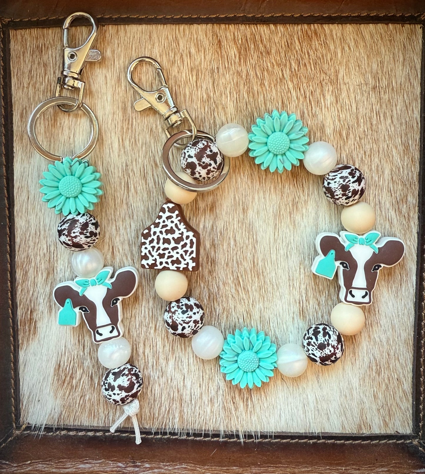 Brown Cow Turquoise Ear Tag Keychain Set
