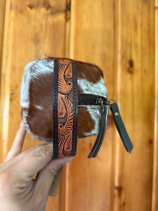 Dark Brown Tooled Leather Cowhide Toiletry Bag