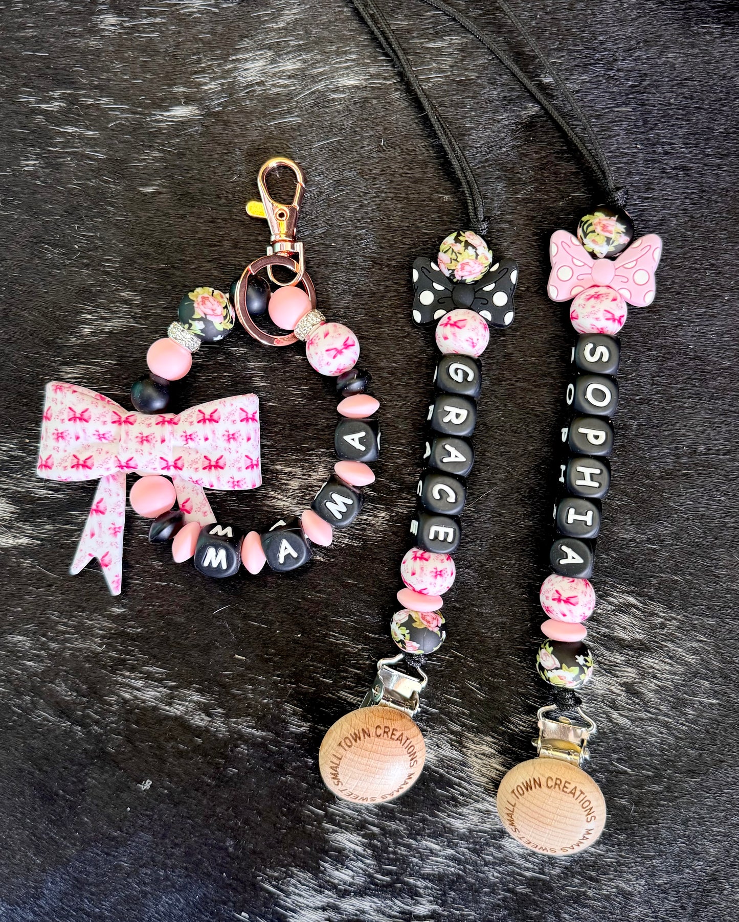 Black Floral Pink Bow Custom Name