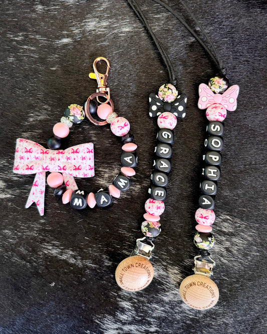 Black Floral Pink Bow Custom Name