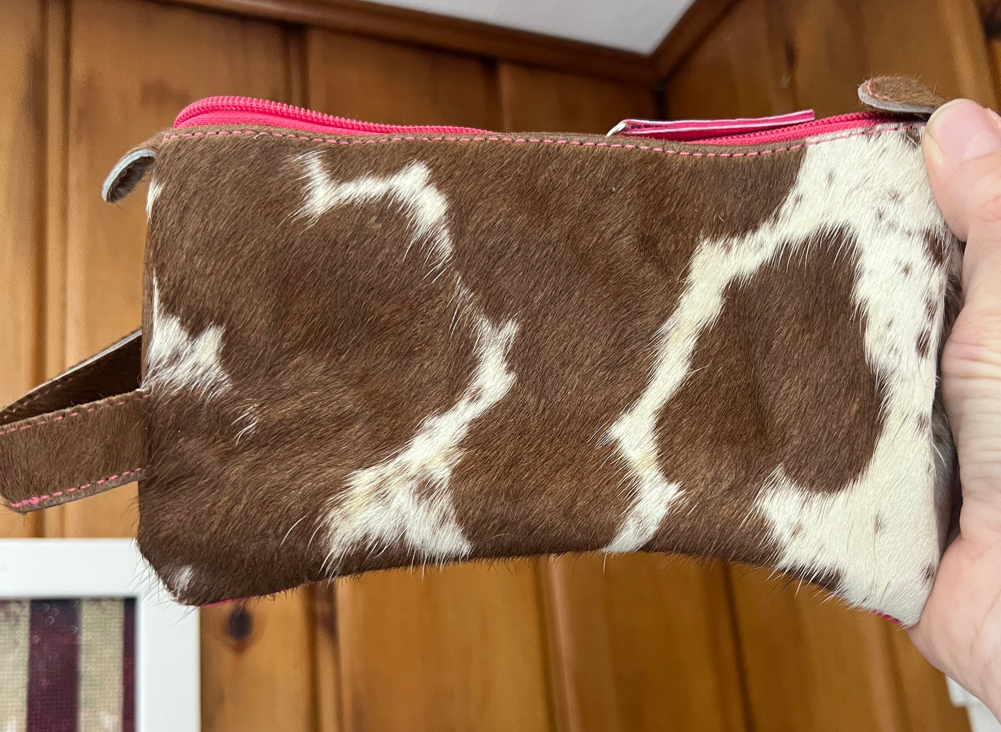 Brown Cowhide Pink Cosmetic Bag