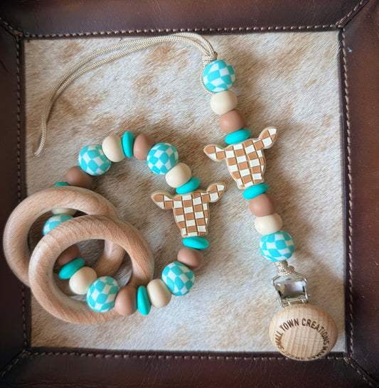 Turquoise beige/ Tan Check Teether Set