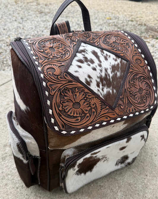 Tooled Leather Brown Speckled Cowhide Diamond Backpack / Diaper Bag