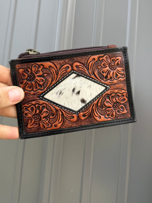 Diamond Tooled Leather Cowhide Zipper Pouch with Card Slots