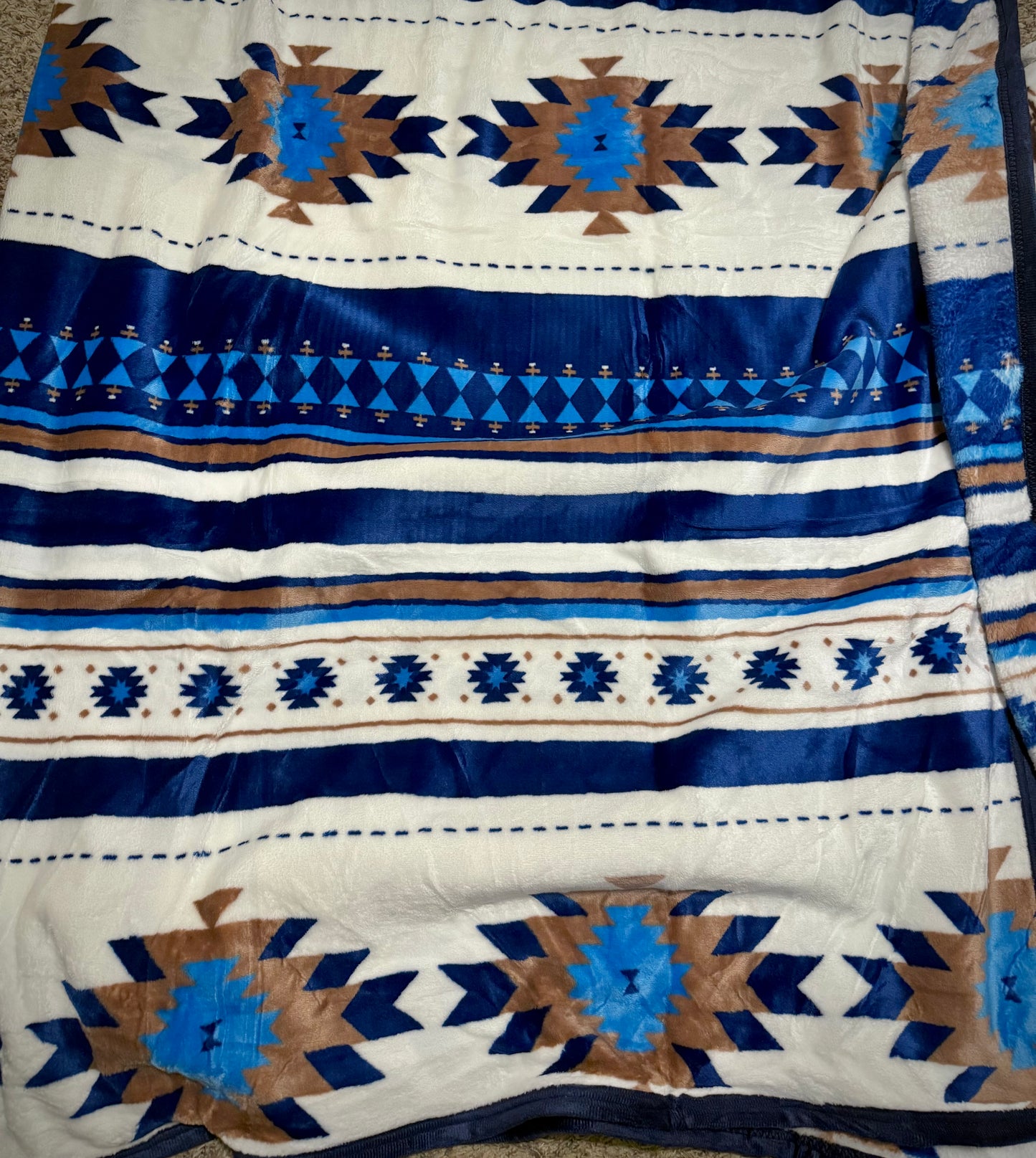 Beige Blue Aztec Super Plush King Blanket
