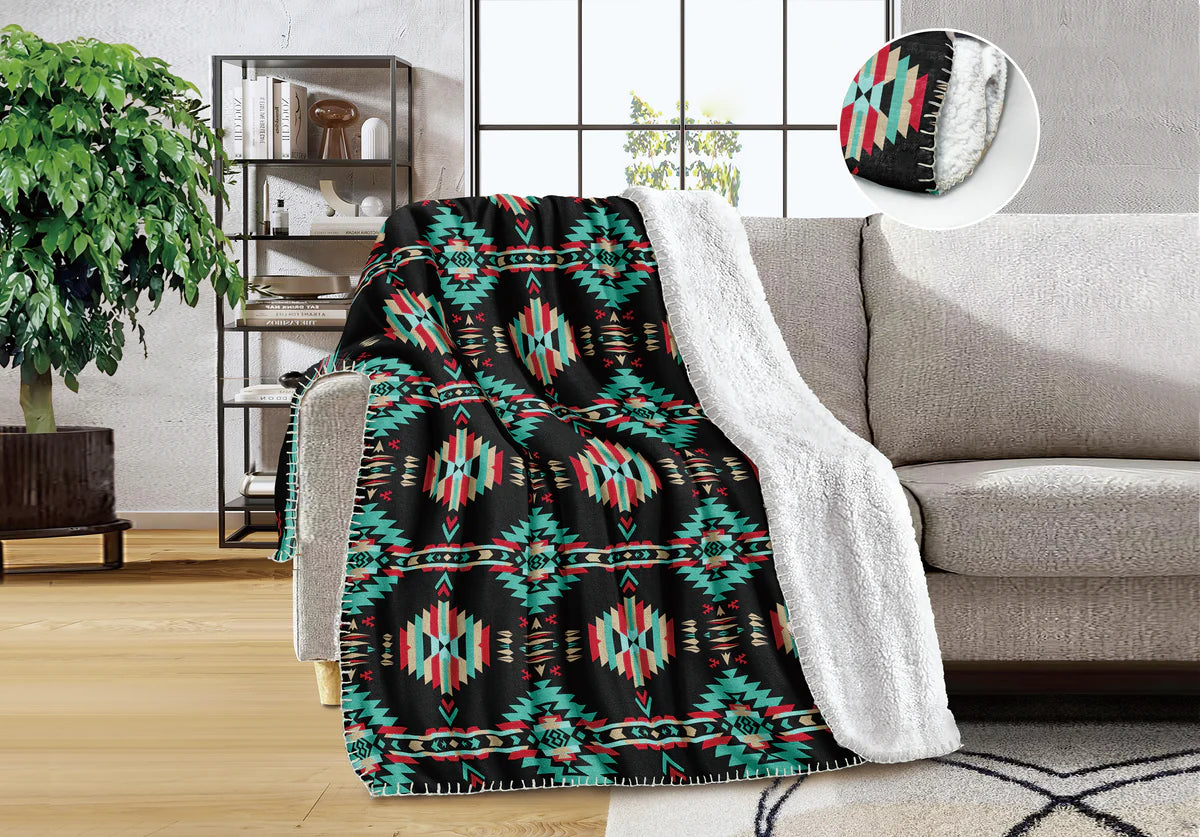 Black Aztec Sherpa Backing Queen Blanket