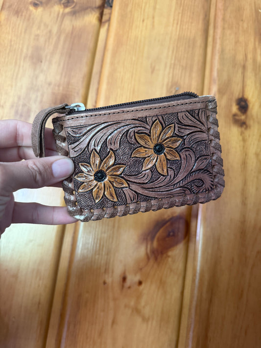 Yellow Flower Tooled Leather Coin Purse with cowhide backing