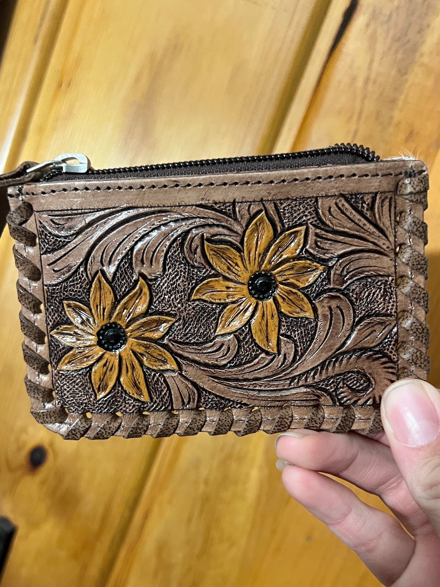 Tooled Sunflower Cowhide Backing Coin Purse