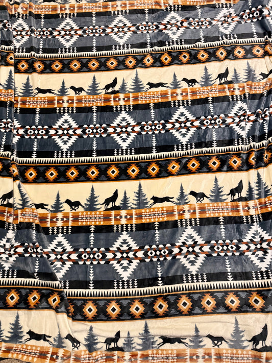 Brown/Tan/Gray Aztec Wolf King Size Super Plush Blanket