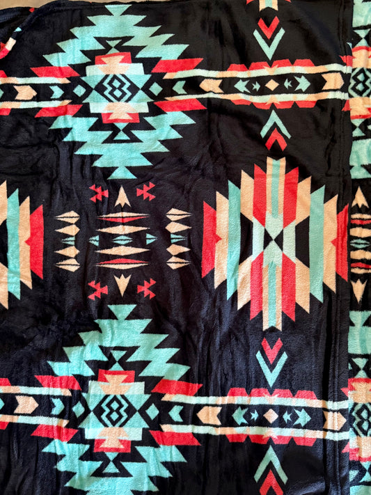 Black Aztec Red Beige Turquoise Thin Twin Size Blanket