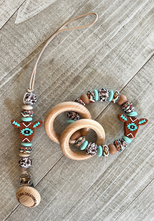 Brown Cow Turquoise / Beige Aztec Cow Teether Set