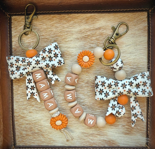 Fall Black and Orange Bow Floral Keychian Set