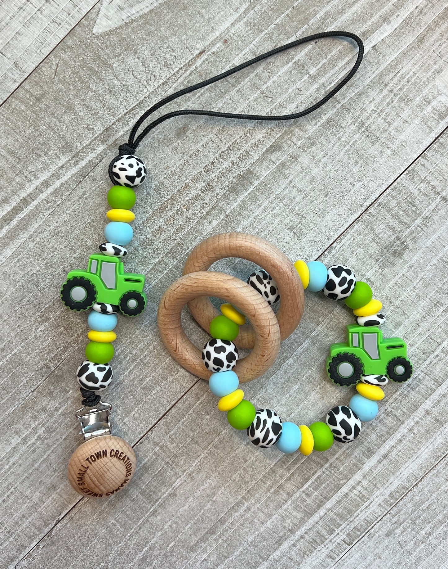 Green Tractor Baby Blue Teether Set