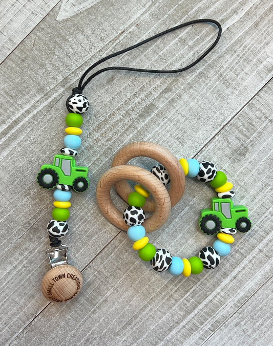 Green Tractor Baby Blue Teether Set