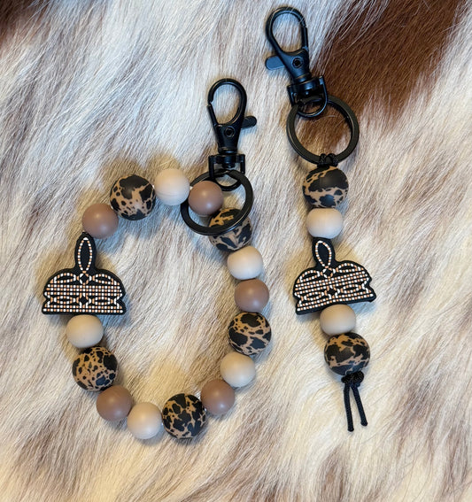 Brown Black Cowhide Bootstitch Keychain Set