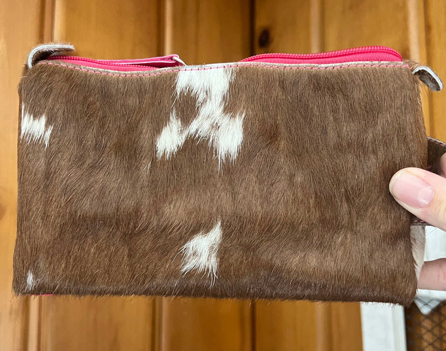 Brown Cowhide Pink Cosmetic Bag