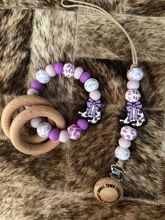 Purple Dainty Floral Boots Cowhide Teether Set
