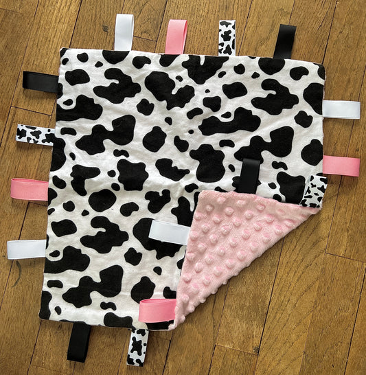 Cow Print Taggie Blanket with Pink Backing