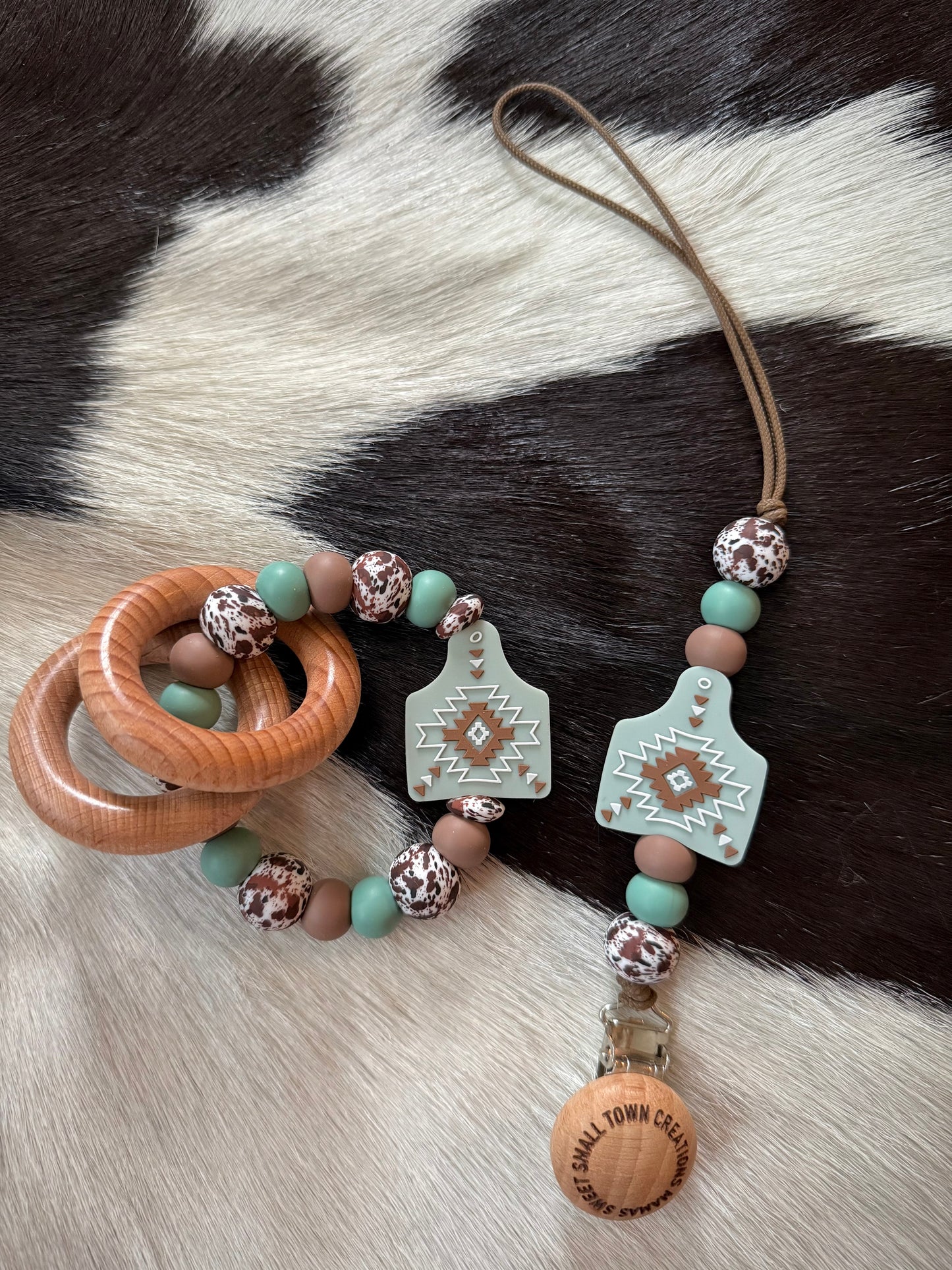 Dusty Teal Aztec Cow Tag Teether Set