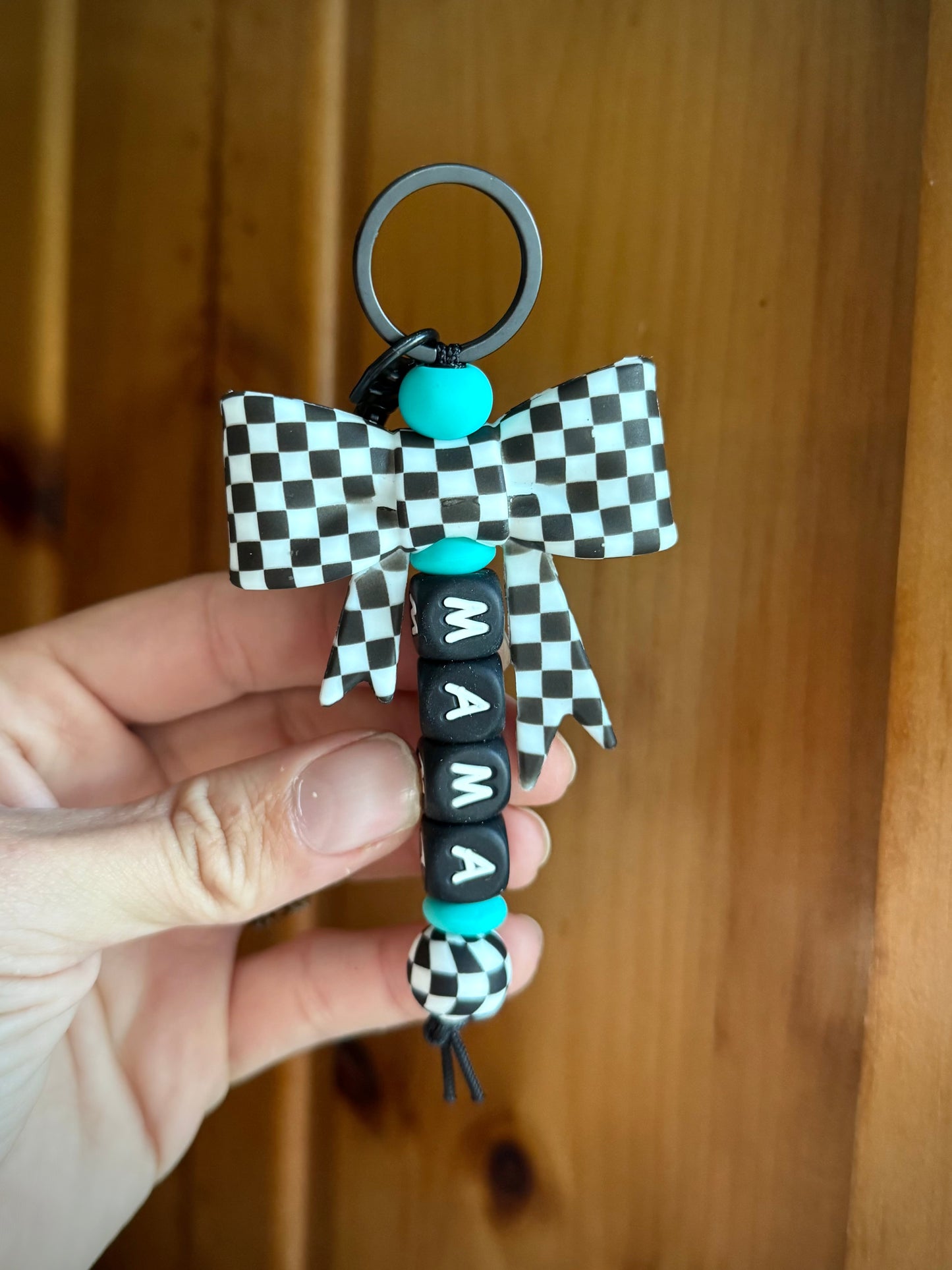 Custom Name Black Checkered Bow Keychain