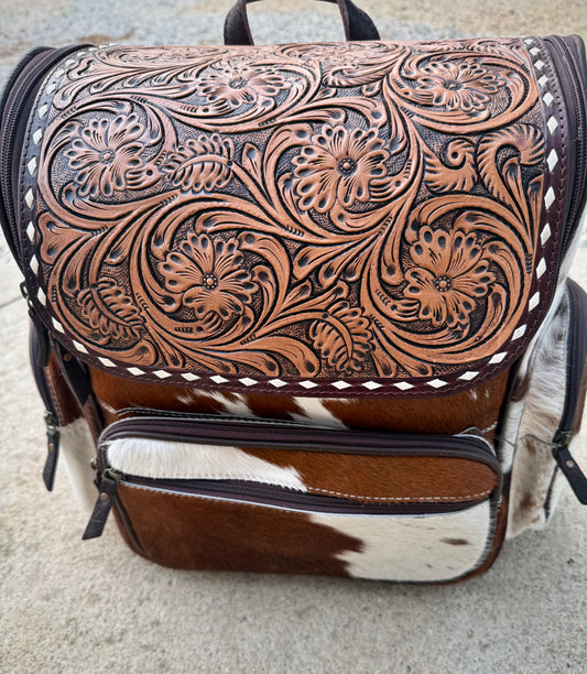 Tooled Leather Brown Cowhide Backpack / Diaper Bag