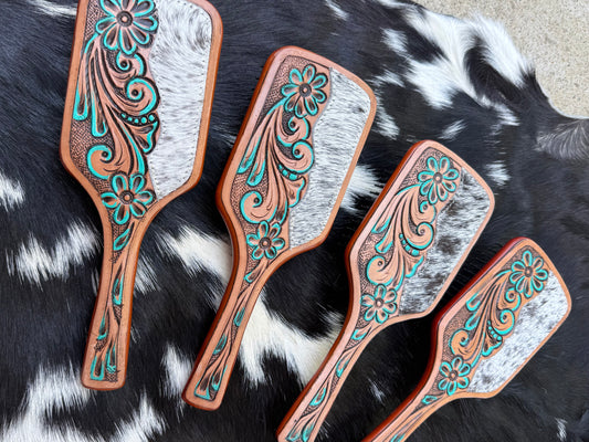 Tooled Leather Turquoise Flower Hair Brush with Genuine Cowhide Accents