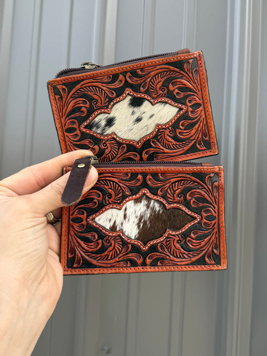 Tooled Leather Cowhide Zipper Pouch with Card Slots