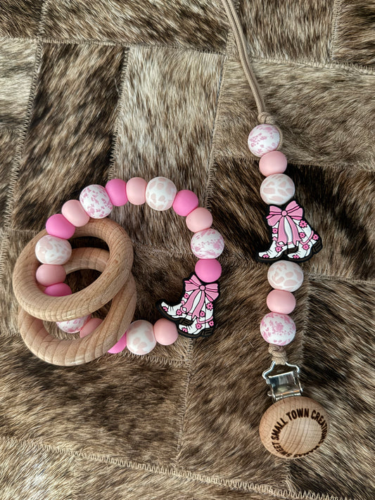 Pink Dainty Floral Boots Cowhide Teether Set