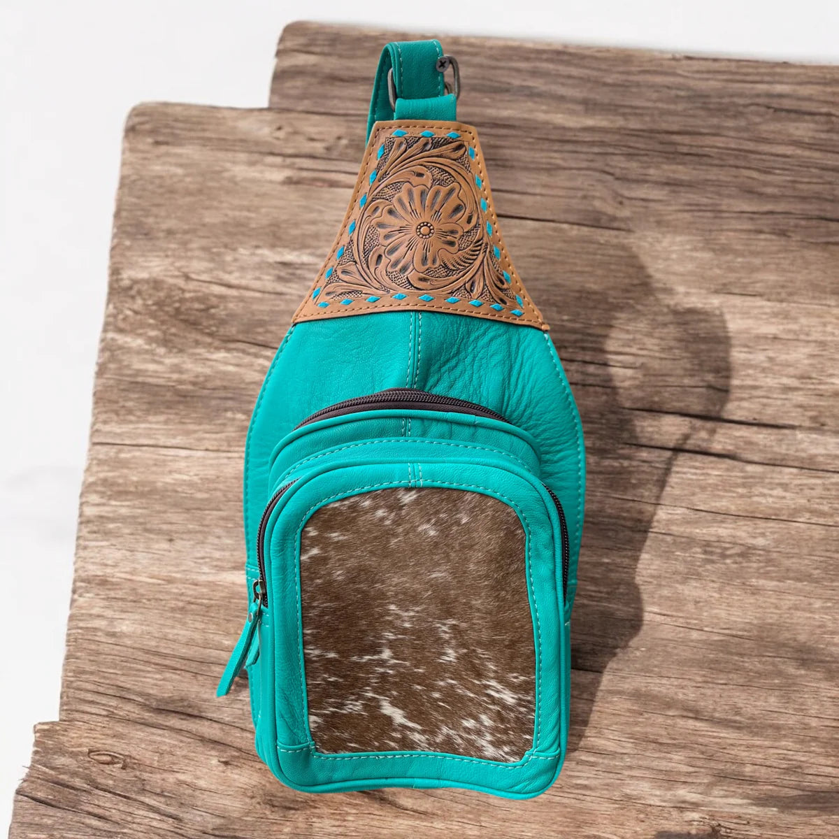 Turquoise Tooled Leather Cowhide Sling Bag