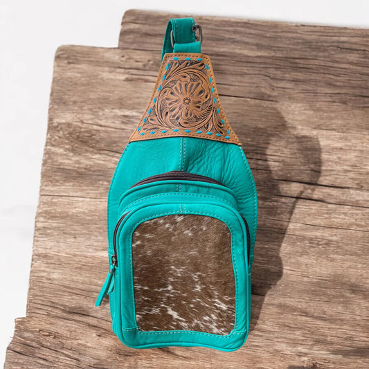 Turquoise Tooled Leather Cowhide Sling Bag