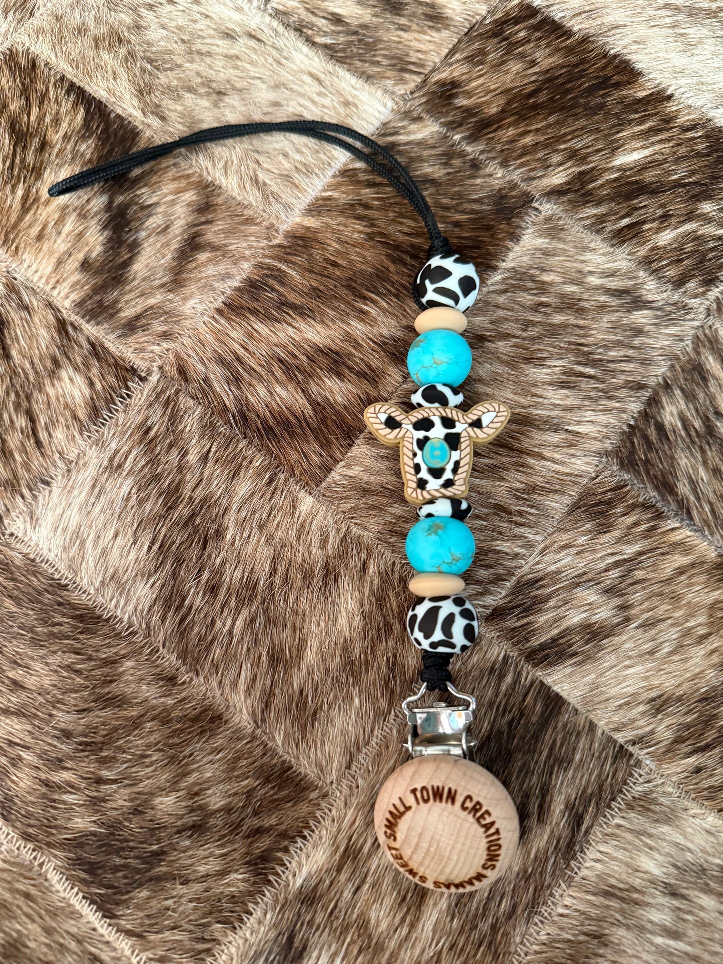 Rope Turquoise Cow Print Cow Pacifier Holder