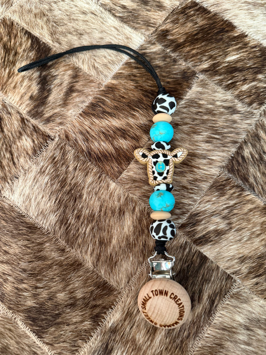Rope Turquoise Cow Print Cow Pacifier Holder