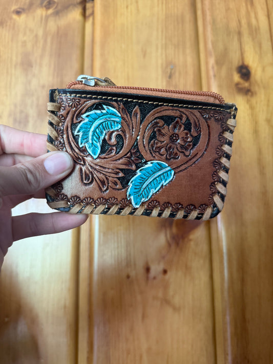 Turquoise Leaf Tooled Leather Coin Purse with cowhide backing