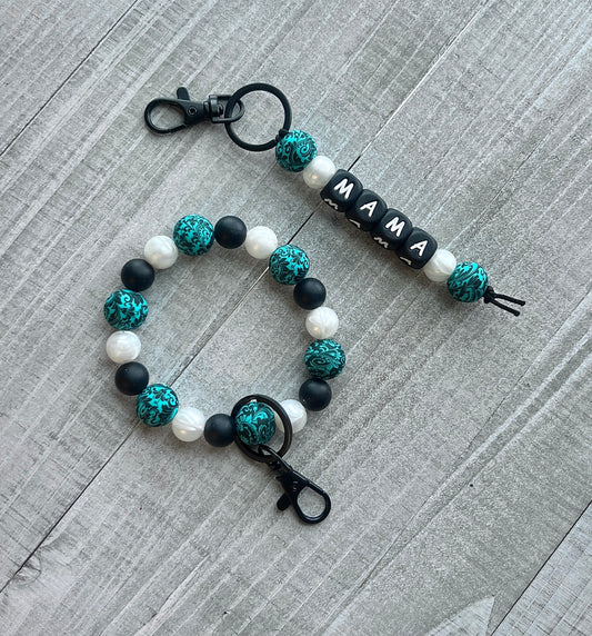 Turquoise Tooled Leather Mama Keychain Set