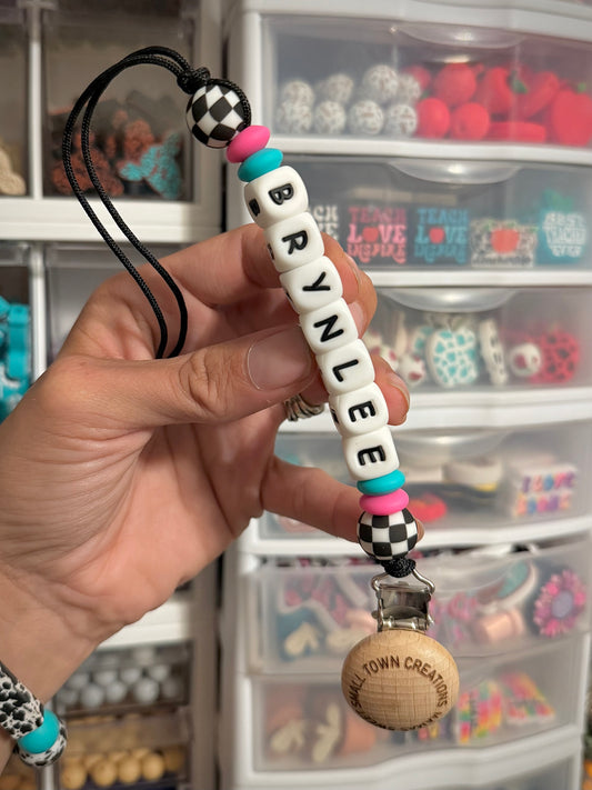 Pink/Turquoise Checkered Custom Name Pacifier Holder
