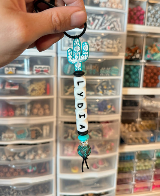 Turquoise Aztec Cactus Custom Name Keychain